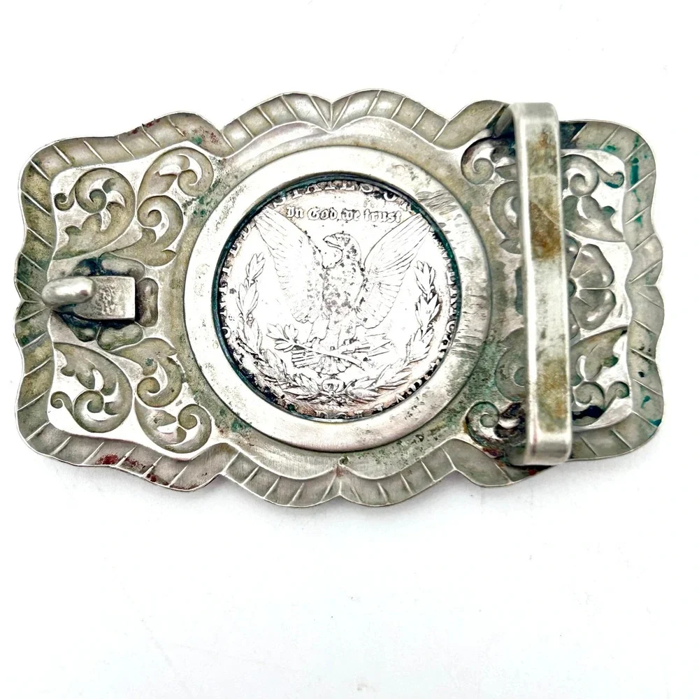 Antique 1921 Morgan Silver Dollar Belt Buckle Western Floral Engraved Scroll